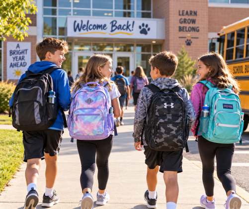 Kids carring backpacks to school